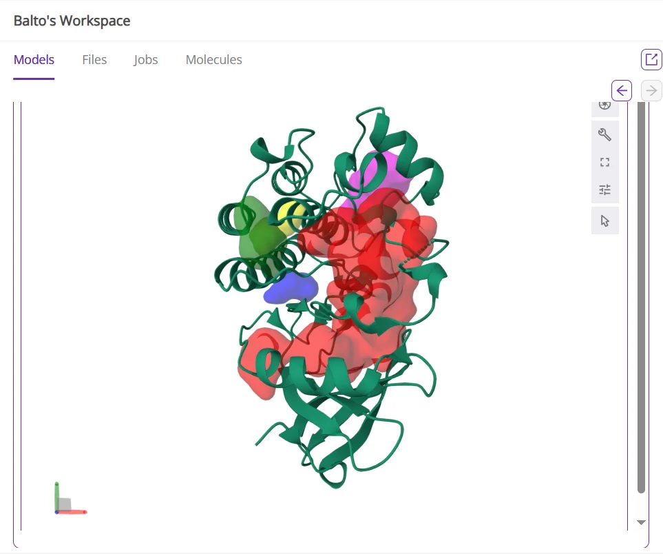 Balto identifying binding pockets in BTK protein with crystal ligand site highlighted