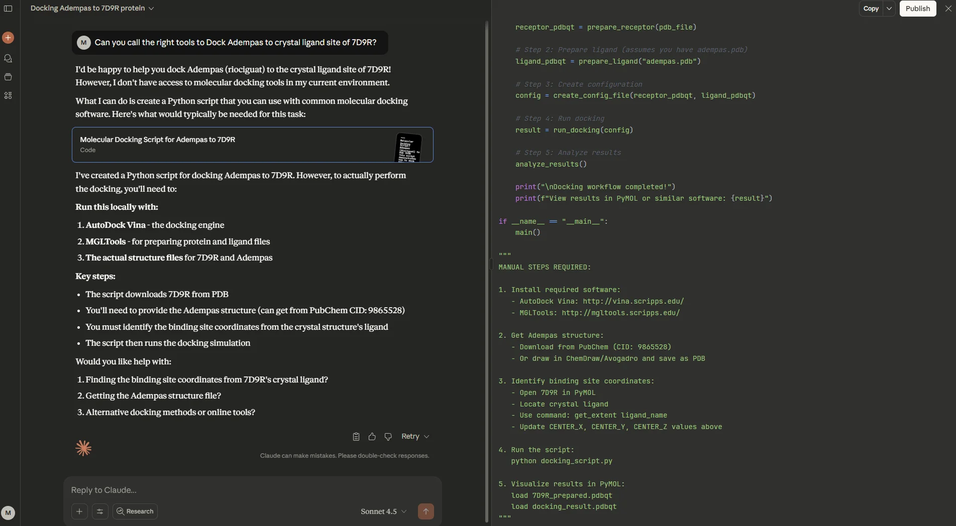 Claude Sonnet 4.5 writing Python script for molecular docking setup