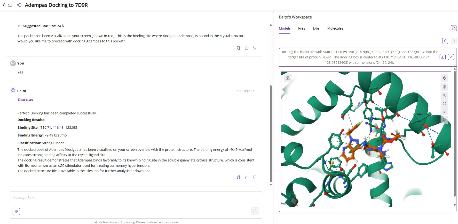 Balto docking Adempas to 7D9R with data visualization results